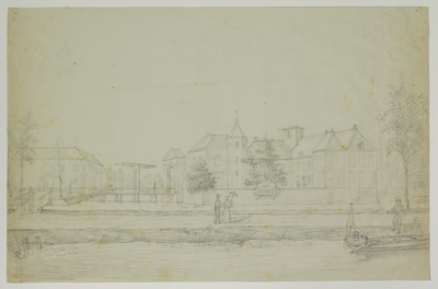 210066 Gezicht op het kasteel Nijenrode te Breukelen, vanaf de Vecht, met links de manege, de ophaalbrug met voorpoort ...